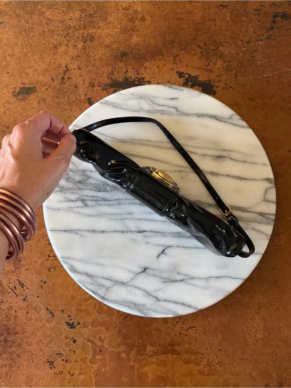 Vintage Gucci Black Patent Leather Clutch with Gold Crest